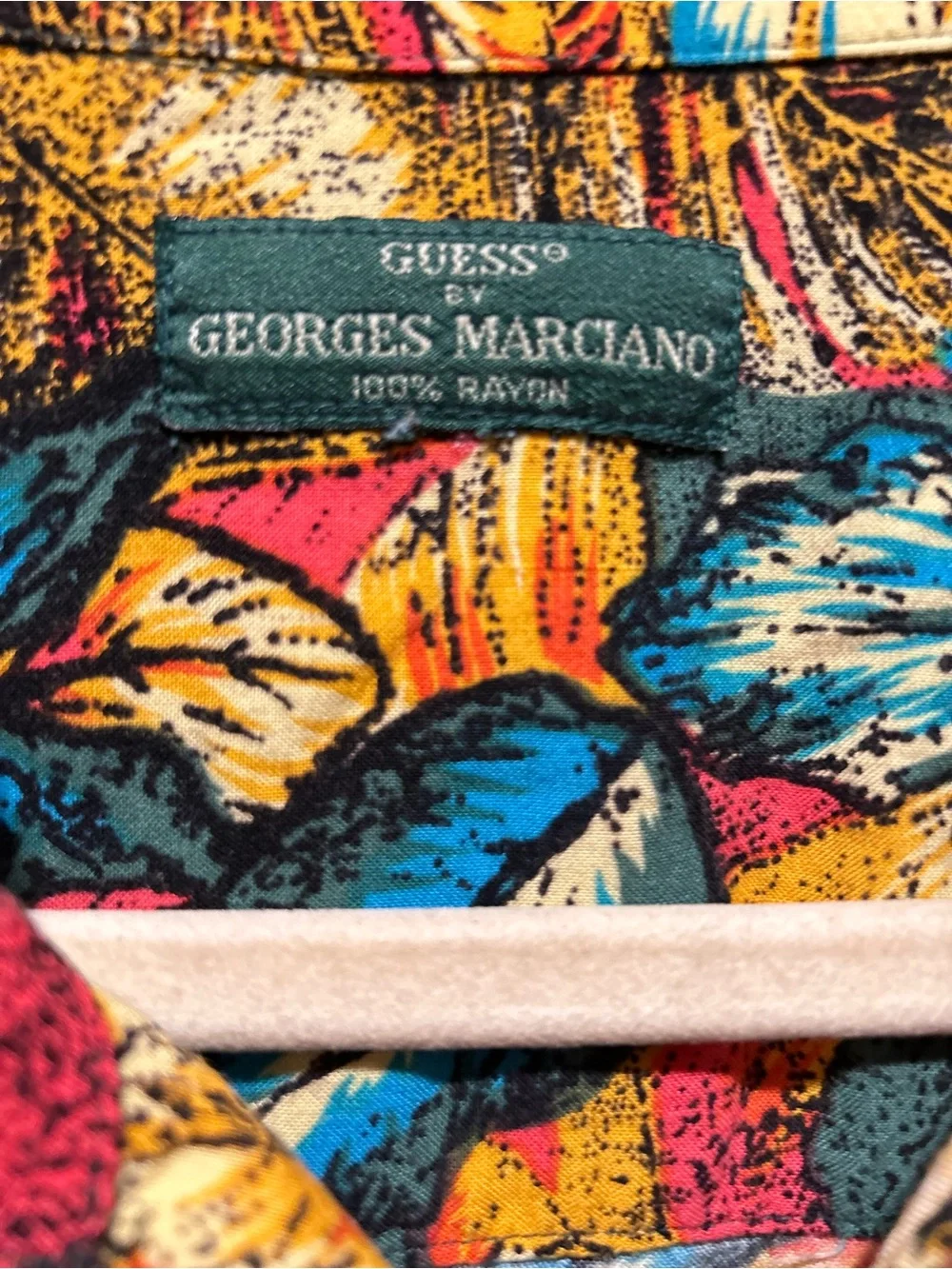 Vintage 90s Guess by Georges Marciano Rayon Hawaiian Shirt Tropical Leaf Print L
